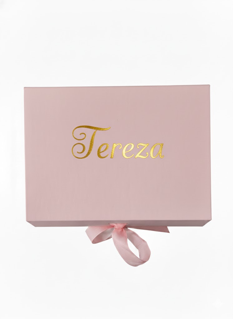 Ukrasna personalizirana kutija roza za krštenje i rođenje bebe zlatni tisak