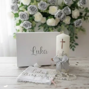 Personalizirani poklon set za krštenje srebro bijela kutija