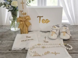 Personalizirani set za krštenje | Premium + cipelice | Bijela