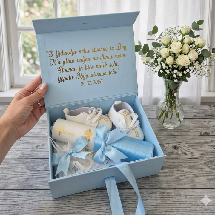 Personalizirani set za krštenje | Premium + cipelice | Plava - Slika 3